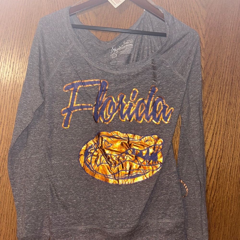 Pressbox Heathered Gray Long Sleeve Florida Gators wide neck/ off shoulder shirt